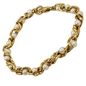 White Pearl 24K Gold Plated Tennis Bracelet 7" Station Link Minimalist Jewelry